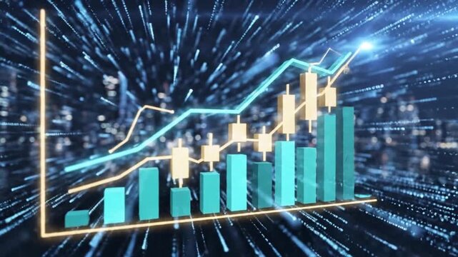Digital illustration of a 3D bar graph with a gold outline and blue bars on a futuristic background with streaks of light.