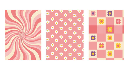 Three abstract retro-style patterns in shades of pink and cream, featuring a swirl, a floral motif, and a checkerboard design.