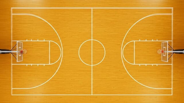 Overhead View of Empty Indoor Basketball Court with Hardwood Floor and Markings.