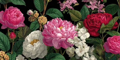 Floral Arrangement Featuring Pink Red White and Yellow Blooms Amidst Dark Green Leaves Set Against a Bold Black Background With Detailed Pixelated Texture