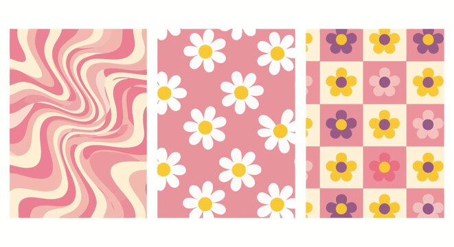 A collection of three retro-inspired digital art patterns featuring swirling pink and cream lines, a repeating daisy motif on a pink background, and a checkerboard pattern with colorful flowers.