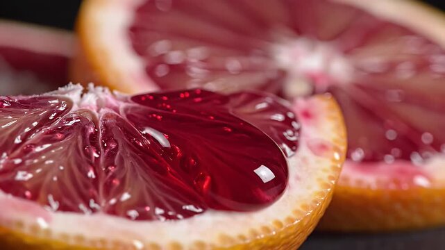 Macro shot of a ruby red liquid droplet resting on a sliced blood orange