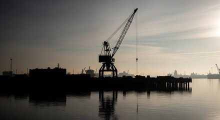 Obraz premium Crane on dock at dusk industrial harbor scene.
