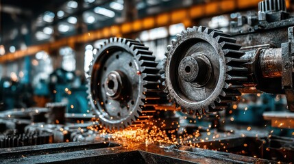 Industrial Gears Rotating with Sparks in Blue Toned Factory Interior