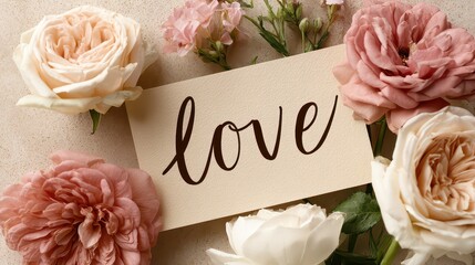 Love Script on Beige Card Surrounded by Peach and White Roses on Speckled Beige Background
