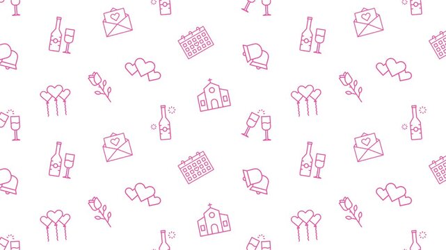 Wedding seamless pattern, animated pink romance valentine icons background, love and marriage line art seamless loop, video motion graphics texture backdrop