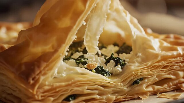 Golden, flaky phyllo dough pastry with visible chunks of white cheese and green herbs
