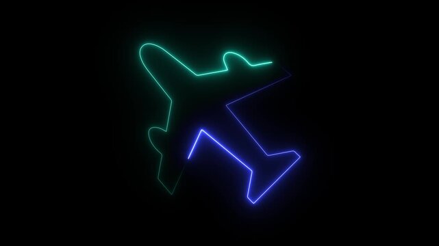 Neon airplane icon animation on black background. aircraft flight, glowing neon line motion. Spacecraft flight, space technology 4k video.