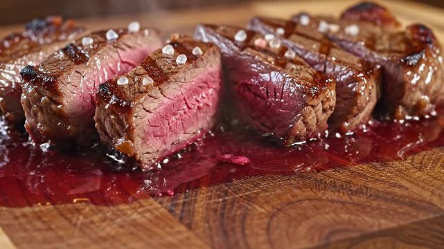 Sliced juicy steak with coarse salt crystals and rich red juices pooling on wood