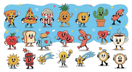A vibrant collection of anthropomorphic food and object characters in a retro cartoon style, set against a blue background with confetti.