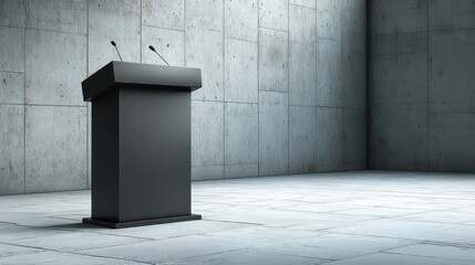 Matte Black Podium Against Raw Concrete Walls in an Empty Room