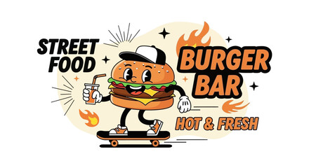 Obraz premium Retro cartoon burger character with a drink on a skateboard, promoting a street food burger bar with hot and fresh offerings.