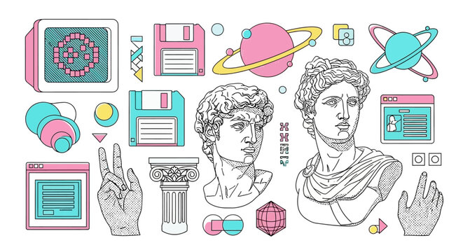 A vibrant collection of retro-futuristic digital art elements, featuring classical busts, floppy disks, and geometric shapes.