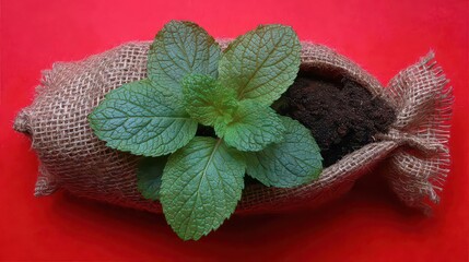 Mint Leaves in a Gold Mesh Pouch on a Red Background
