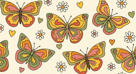 Retro groovy seamless pattern with colorful butterflies, daisies, and hearts on a light background, evoking a vintage 60s 70s aesthetic.