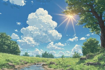 Pixel Art Meadow Under a Sunny Blue Sky with Puffy Clouds and Filtered Sunlight in a Rural Environment
