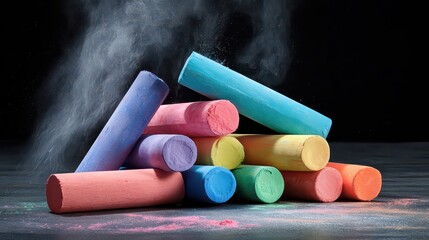 Pile of Colorful Chalks on Dark Surface with Dust Particles