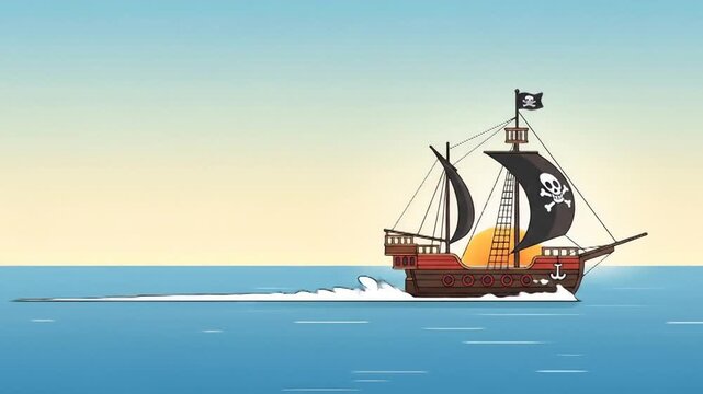 Pirate Ship Sailing on the Open Sea at Sunset with Jolly Roger Flag.