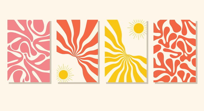 Set of four retro groovy abstract posters with swirling lines and organic blob shapes in pink, orange, and yellow, featuring sun motifs on a cream background.