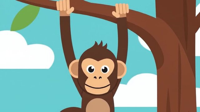 Playful Monkey Swinging on a Tree Branch in a Cartoon Style.