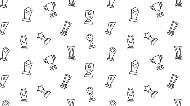 Trophy seamless pattern, animated hand drawn sports award icons background, winner champion line art seamless loop, video motion graphics texture backdrop