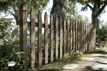 Rustic Weathered Wood Fence Bordered by Flowers and Lush Greenery in a Tranquil Garden Setting with Blurred Background