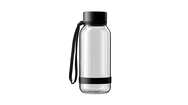 Clear glass water bottle with black lid and band isolated against black