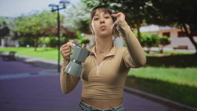 Young woman holding moka pot points finger directly at camera on street, bare midriff visible; confidence challenge.