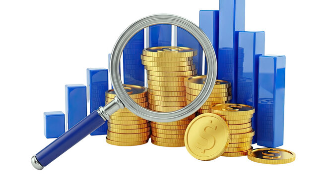 Magnifying Glass Over Stacked Coins and Blue Bar Graph