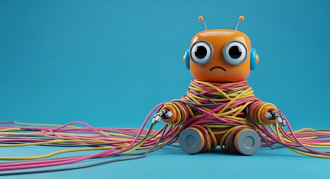 Orange robot toy tangled in colorful wires on blue background 4
