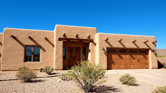 Desert Adobe Home in Arizona with Blue Sky and Native Plants Adobe-style house in arid landscape. Typical Southwestern