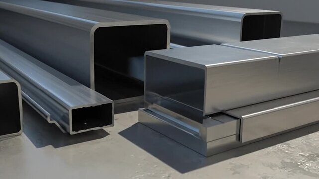 Various l profiles and tubes arranged on a surface, showcasing different shapes and sizes.