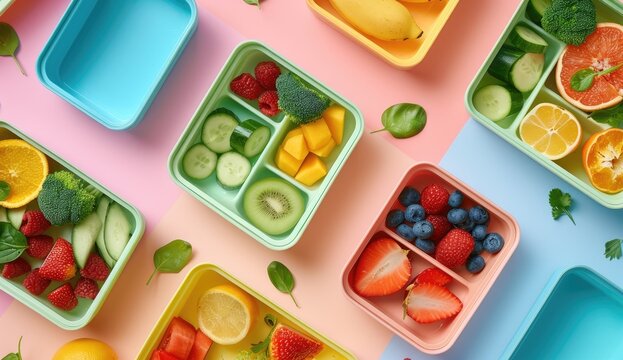 Fruit and veggie lunch boxes on a colored background for a healthy diet use