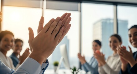 Team applauding in modern office setting