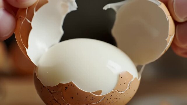 Hands peeling a cracked brown egg, revealing white interior
