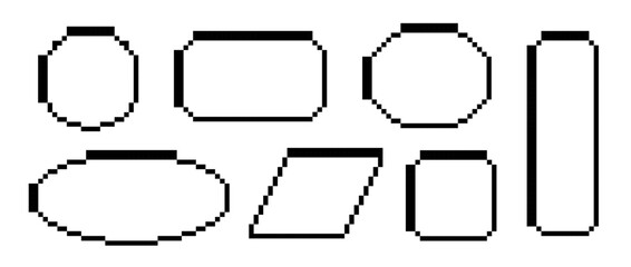 Set of black pixel text boxes. Empty pixelated frame collection. Retro 8 bit border shape pack for speech chat bubble, message cloud, communication dialog, talk balloon. Vector illustration bundle
