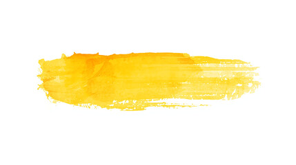 Fototapeta premium A single horizontal yellow watercolor brush stroke is depicted on a pure white background. The stroke features soft organic edges and a slightly uneven texture.