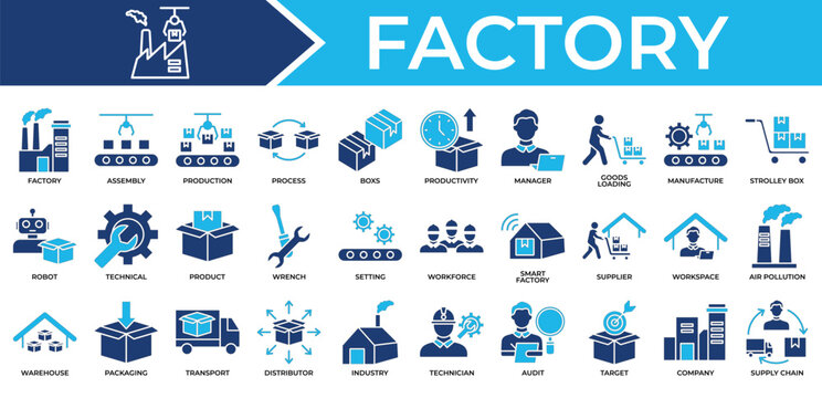 Factory icon set collection. Containing link, operation, manager, audit, marketing, technical, target .Solid vector icons collection