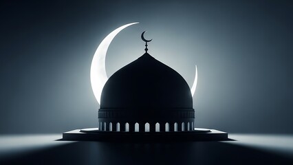 Silhouette of a mosque with crescent moon at night