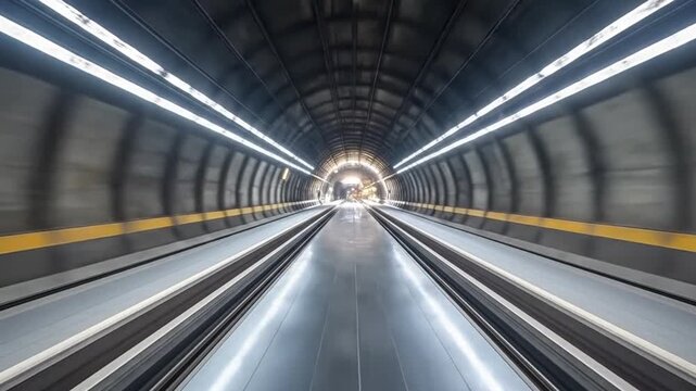 Abstract view of a modern tunnel with bright lights and smooth reflective surfaces.