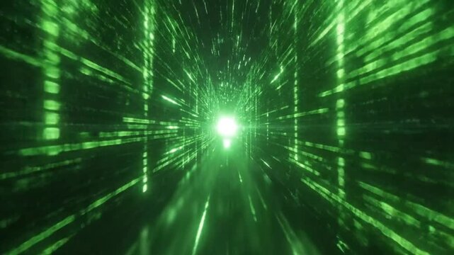 Abstract digital tunnel with green glowing lines, creating a futuristic and technological background.