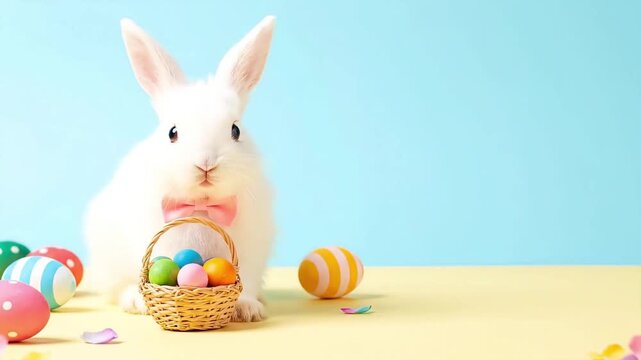 Charming white bunny with a pink bow tie, presenting a basket of vibrant eggs, capturing the joyful spirit of spring holiday celebrations