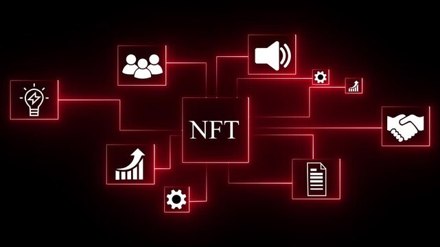 NFT cloud network connecting business handshake communication growth technology hacker and team icons digital concept neon glow on black background.4k animation.