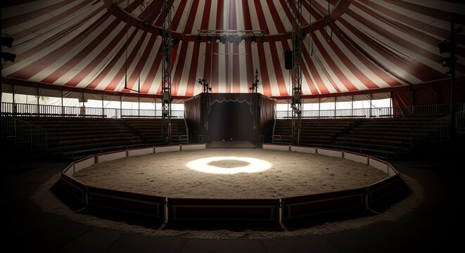 Empty Circus Tent Interior with Spotlight and Seating Arrangement.