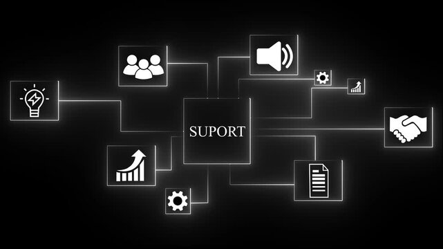 Cloud SUPORT network diagram with glowing neon icons for business growth customer service teamwork and cyber security on black background. 4k animation 