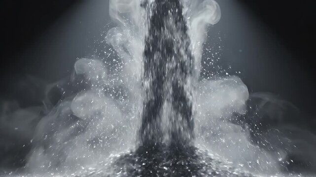 A dense, particulate cascade, illuminated from above, descends amidst swirling mist