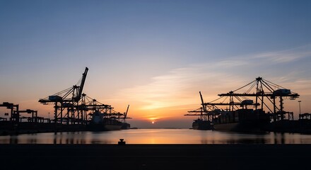 Obraz premium Seaport at sunset with cranes and cargo ships.