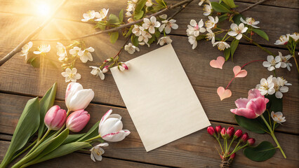 Photorealistic Spring Valentine Blank Card on Wooden Table with Flowers and Sunlight