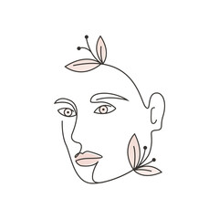 Minimal line art portrait of a woman's face with soft floral leaves in an elegant abstract style.