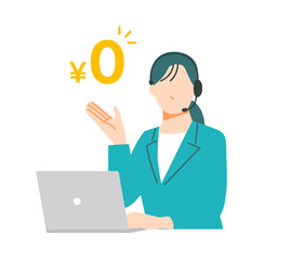 0円をアピールするヘッドセットをしたカスタマーセンターの女性